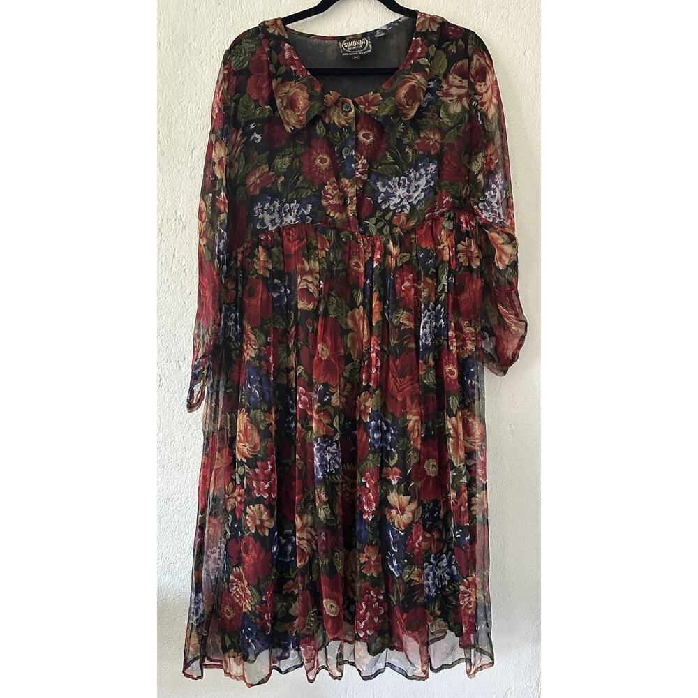Vtg Simonia Sheer Dress Women M Midi Romantic Cottagecore Sheer Overlay Floral